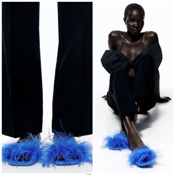 Zara Electric Blue Goat Leather Feather Sandals - Picture 1 of 9